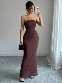 Chiquease Elegantes Palast-Abendkleid für Damen mit Spitze, trägerloses, gerafftes Taille Sommerkleid, Maillard Stil Sommer Braunes Kleid, Ausgehkleid - Kaffeebraun - Übersicht 4