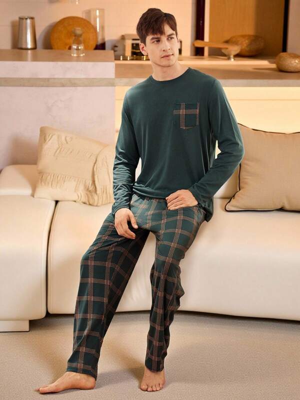 2 Stücke Herren Loungewear Set aus Langarm Top mit Patchwork Tasche und karierter Lange Hose