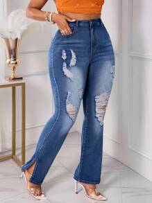 SHEIN SXY Plus Size Women Fashion Ripped Jeans Vacation Bootcut Flare Jeans Summer