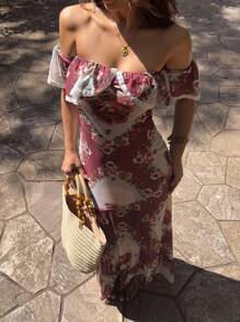 Sunnyshic Elegant Floral Print Off Shoulder Dress For Vacation - Multicolor - View 1