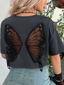 ROMWE Fairycore Oversize Women's Summer Vacation Hippie Style Butterfly Net Mesh Splice Drop Shoulder T-Shirt, Plus Size - Dark Grey - View 4