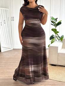 Elaquor Vestido Longo Elegante para Mulheres Grandes com Estampa de Tie Dye e Calda de Sereia, Vestidos Formais para Mulheres