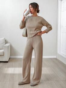 EURMUSE Women Solid Color Rib Knit Round Neck Drop Shoulder Pullover & Sweater Pants Set,Petite,Winter Clothes - Beige - View 4