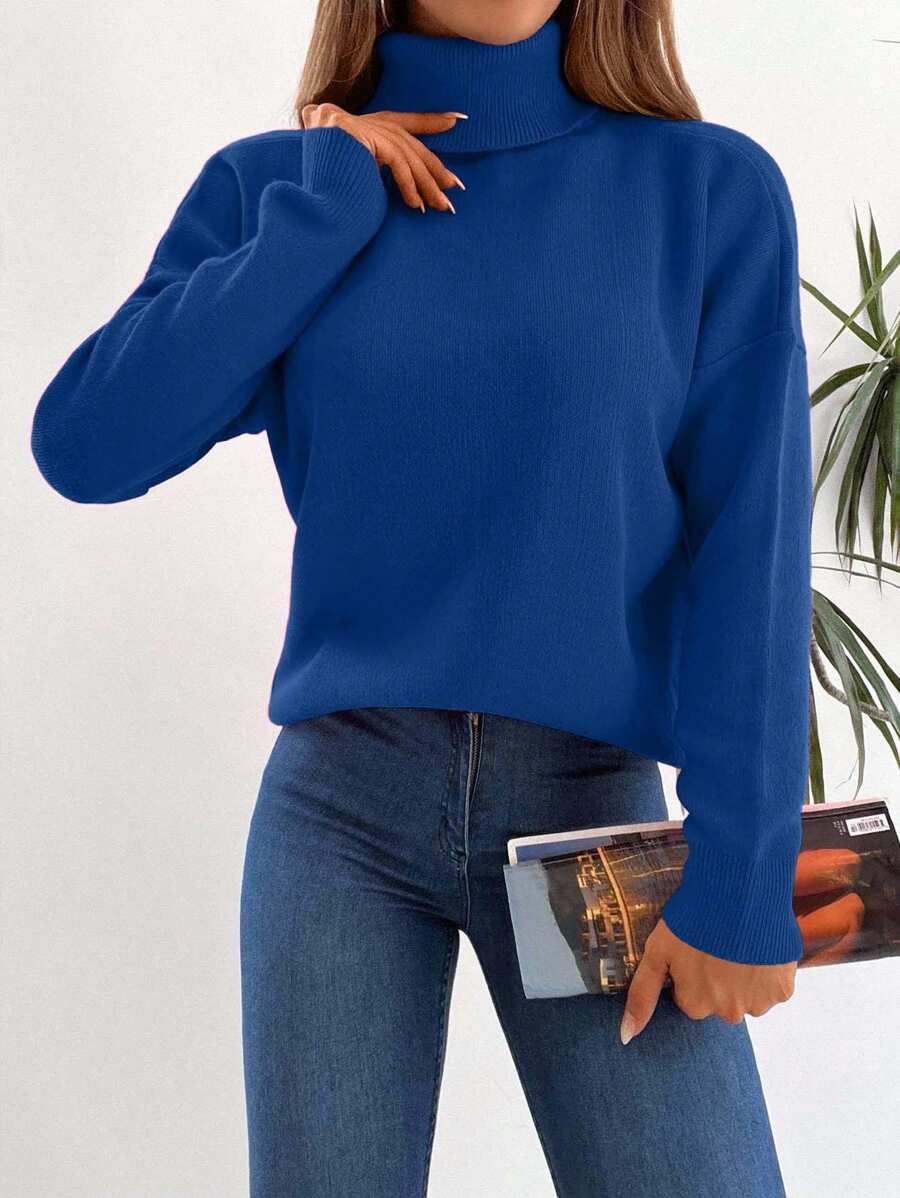 EURMUSE Women's Simple Casual Solid Color High Neck Loose Oversized Sweater,Jumper,Cream Jumper,Jumpers,Black Jumper,Womens Jumper,White Jumper,Women's Jumper,Women's Jumpers,Winter Clothes - Navy Blue - View 1