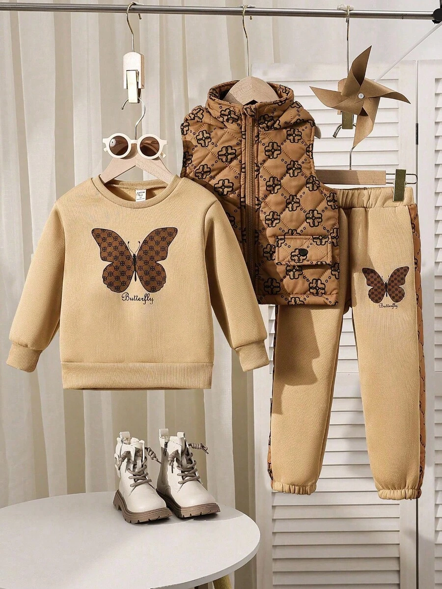 Sparklyn Bộ 3 món thời trang thu đông thường ngày cho bé gái: Áo khoác có mũ trùm đầu + Áo nỉ dài tay in họa tiết bướm + Quần ống rộng có dây rút - Màu Khaki - Xem 1