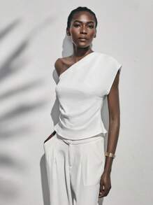 Lumivelle Women's Elegant Fashionable White Pleated Loose Shoulder Blouse, Romantic