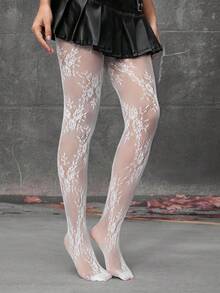 ROMWE Goth 1 Pair White Floral Fishnet Tights/Pantyhose - White - View 4