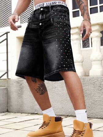 Street Life Bunte, mit Strasssteinen verzierte Jeansshorts mit doppeltem Bund für Herren