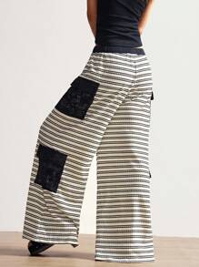 Bohemela Lässige gestrickte gestreifte Patchwork Loose Wide Leg Hosen für Frauen - Schwarz - Übersicht 7