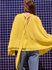 Maija 女士纯色泡泡袖荷叶边宽松时尚衬衫，适合夏季、秋季、度假、外出等场合，波西米亚风女装 - 黃色 - 查看 2