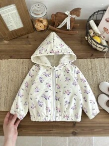 SHEIN Baby Girls Toddlers 0-3 Yrs Casual Hooded Fluffy Ditsy Floral Outerwear, Warm For Autumn/Winter Fall - Apricot - View 8