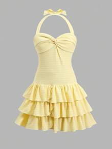 SHEIN 青少年女孩度假优雅纯色扭褶荷叶边下摆挂脖连衣裙