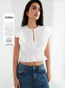 Maija 2025 New Summer Women's White Cinched Waist Ruffle Sleeve Embroidered Sweet Bohemian Casual Blouse, For Daily/Beach Vacation - White - View 1