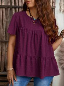 EMERY ROSE 加大码女式纯色圆领荷叶边短袖宽松衬衫，波西米亚风夏季，西部女装，度假