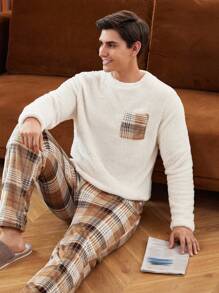 Manfinity Underwear&Sleepwear Basics Men's Casual Plaid Pocketed Fleece Loungewear Set, Home Outfit For Winter, Fall Winter Clothes, Fluffy Pajama, Cozy - Multicolor - View 8