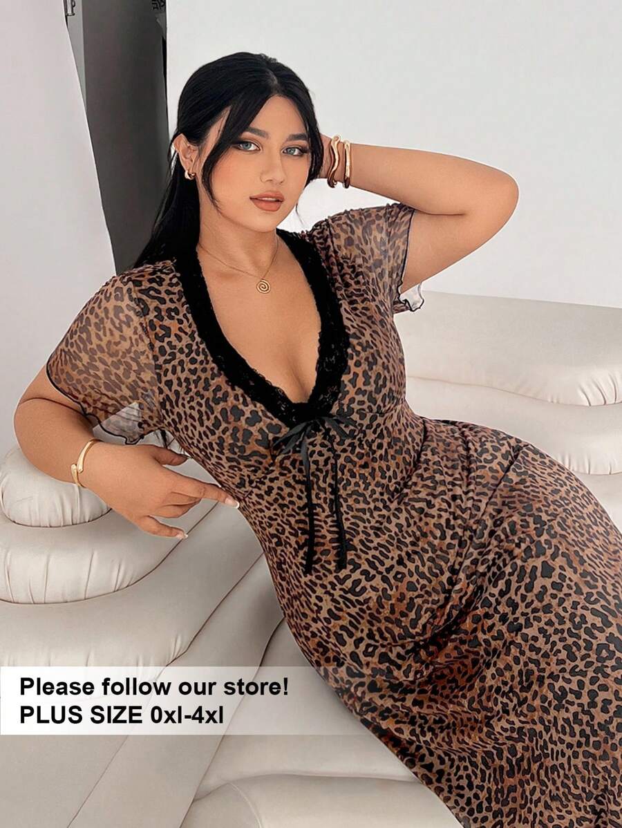 Solflare Váy cổ chữ V họa tiết da báo cỡ lớn bằng lưới và ren tương phản - Nhiều màu - Xem 1