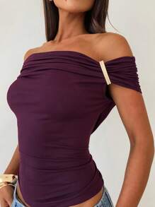 Aloruh Solid Color Pleated Fitted Off Shoulder Elegant Fashion T-Shirt