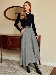 Vintamour 复古优雅女式高腰带口袋半身裙，宽松喇叭裙，休闲工作服冬季女装感恩节女装冬季，女式圣诞派对新年除夕感恩节假期冬季半身裙 - 淺灰色 - 查看 8