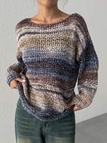 SHEIN EZwear 女士秋季渐变色落肩长袖宽松休闲毛衣 - 彩色 - 查看 3