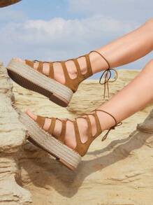 Styleloop Brown Lace-Up Wedge Sandals, Elegant Casual Holiday Dress Up, Suitable For Party, Date, Wedding, Anniversary Holiday Travel Essential Boho Coachella - Brown - View 5