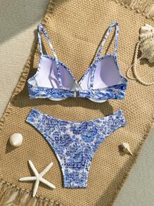 2 piezas/set de bikini con aros estampados, moda de baño para primavera/verano
