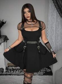 SHEIN Whyspr 大码深色网眼拼布二合一连衣裙 - 黑色 - 查看 6
