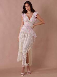 Enchnt Casual Lace Panel Ruffle Hem Sleeveless Blouse For Women - Multicolor - View 4