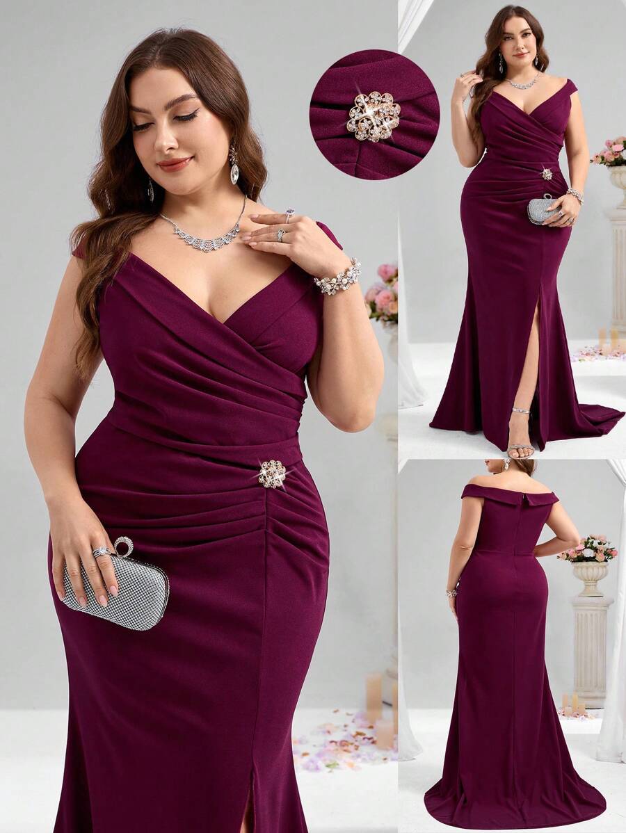Coutiva Vestido de fiesta formal ajustado con volumen en el bajo estilo cola de sirena para mujer talla grande (muy adornado)