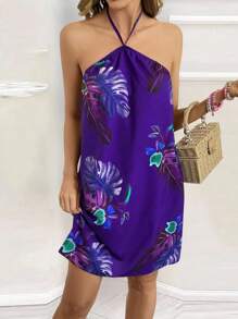 SHEIN LUNE 女士热带植物印花宽松度假吊带连衣裙