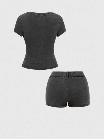 Grunge Punk Ensemble de 2 pièces avec t-shirt décontracté au col rond et short en style punk vintage délavé avec poches, pour femmes