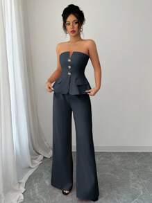 2 bộ trang phục dự tiệc mùa xuân và mùa hè thanh lịch nút hồng, áo ống peplum và quần ống rộng - Màu xanh hải quân - Xem 5