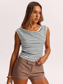 SHEIN BAE Spring, Autumn And Summer Crochet Brown Striped Off-Shoulder Asymmetrical Top T-Shirt Is Suitable For Daily Leisure, Going Out, Going Out With Girlfriends, Afternoon Tea, Commuting Leisure, Beach Vacation, And All-Match Occasions - White - View 7