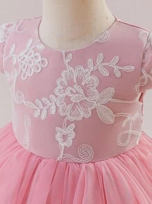 Glamorique Kids 粉色网眼刺绣蓬松公主裙，适合女婴、花童婚礼派对生日服装 - 粉色 - 查看 7