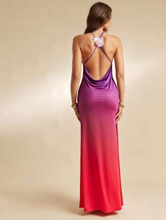 L'Amorae 优雅浪漫水彩花卉交叉后背兰花长款罩衫连衣裙