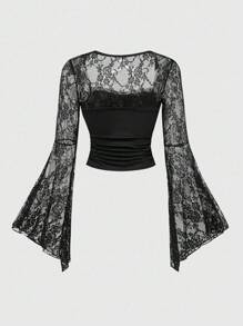 ROMWE Goth Blusa de cuello redondo con mangas acampanadas, con aplicación de encaje y parches de estilo gótico oscuro para Halloween para mujer - Negro - Ver 3