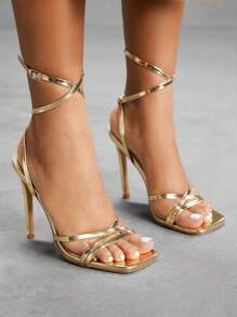 CUCCOO SZL Giày cao gót mũi vuông quai mảnh sáng bóng cho nữ, đa năng khi đi làm, hẹn hò, tiệc tùng, lễ hội, kỳ nghỉ, đám cưới - Vàng - Xem 4