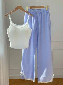 Comfortcana Women's Summer Casual Lace Trim Camisole & Striped Pants 2 Pieces Set,Back To School - Blue - View 7