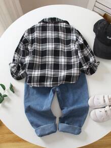 Genkimix Kids 2件套小男孩格子长袖衬衫和宽松洗水牛仔裤套装 - 彩色 - 查看 2