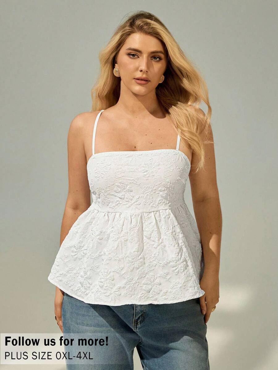 Auralis 大码女装春夏时尚休闲优雅舒适日常白色纹理面料吊带娃娃衫，荷叶边上衣，可爱上衣，外出上衣，欧式夏季，早午餐，波西米亚风 - 白色 - 查看 1