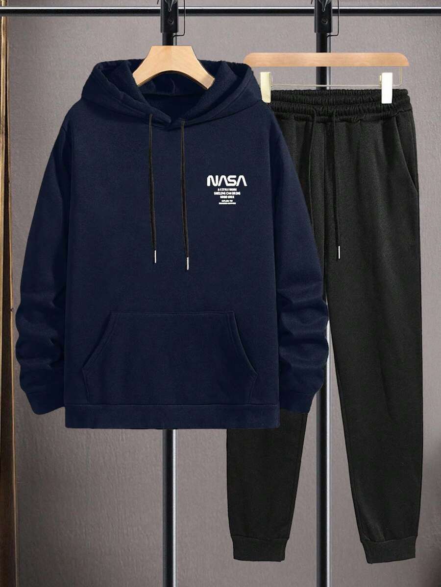Cottnline 2pcs Men's Letter Print Hoodie And Sweatpants Set - Navy Blue - View 1