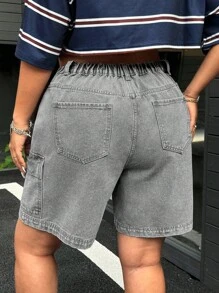 SHEIN ICON Plus Size Women Utility Pockets Loose Casual Versatile Denim Shorts - Light Grey - View 2