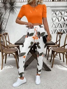 SHEIN LUNE 2pcs Vacation Casual Solid Puff Sleeve Cropped Top And Floral Print Pants Set Roupa Para A Universidade