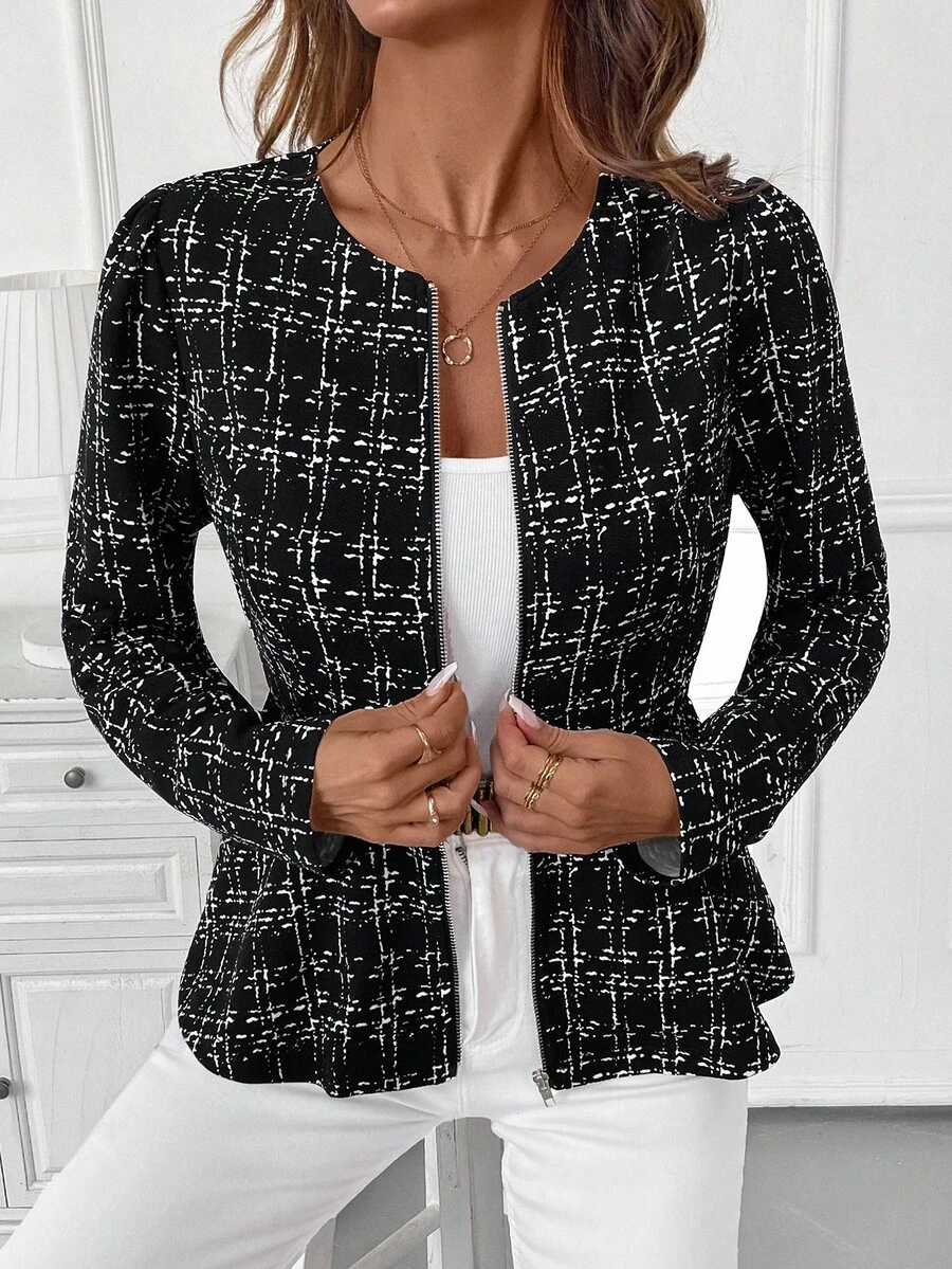 SHEIN Clasi 秋冬女士常规休闲通勤简约日常拉链长袖夹克 - 黑色 - 查看 1
