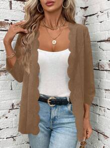 SHEIN Clasi Women's Solid Color Pleated 3/4 Sleeve Open Front Casual Jacket With Shell Trim In Fall/Winter - Camel - View 5