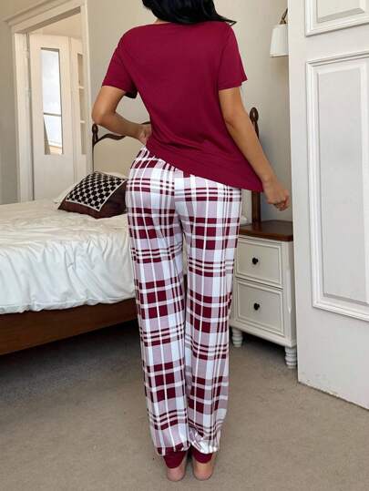 Miss Vinta Rood Plaid Long Pant Pajama Set Round Neck Bordeaux Set, Fall Clothes view 2