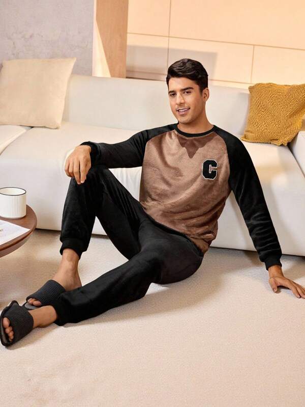 Manfinity Underwear&Sleepwear Basics Men's Contrast Color Patchwork Long Sleeve And Pants Plush Loungewear Set