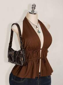 SHEIN ICON 大码女式系带前褶边露背吊带上衣，适合海滩度假、夏季约会穿着 - 棕色 - 查看 5