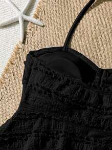 SHEIN 少女纯色纹理面料分体泳衣，罩杯褶皱设计，欧美时尚，适合海滩/度假季节，随机修剪