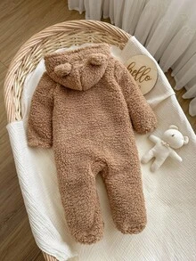 Newborn Baby Girls' Fluffy Solid Color Hooded Romper, Autumn/Winter Fall