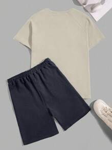 EURMUSE Men Waffle Fabric Raglan Sleeve Patched Regular T-Shirt Set - Apricot - View 2